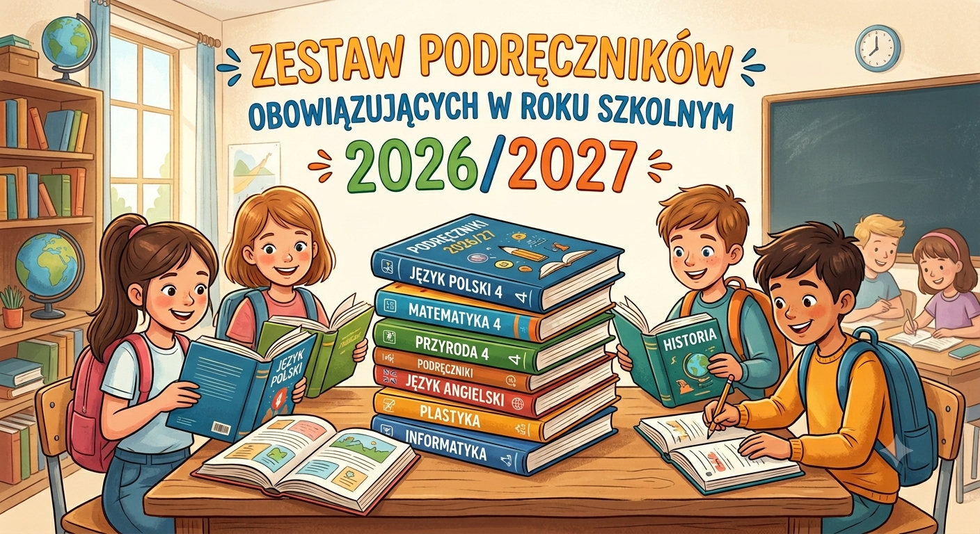 Kolorowa ilustracja z dziećmi w klasie szkolnej i dużym napisem: „ZESTAW PODRĘCZNIKÓW OBOWIĄZUJĄCYCH W ROKU SZKOLNYM 2026/2027”.